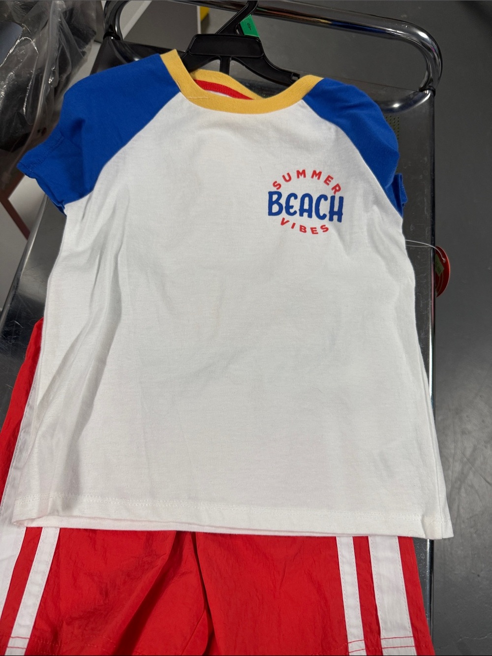 wonder nation White Tee with Blue Raglan Sleeves and Yellow Neckline